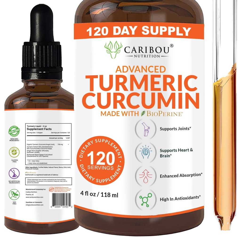 Curcumina líquida con bioperina para absorción mejorada - Suplemento de la Curcumina Turmérica para soporte conjunto - Extracto Turmérico con pimienta negra - 2 Month Supply - 4oz