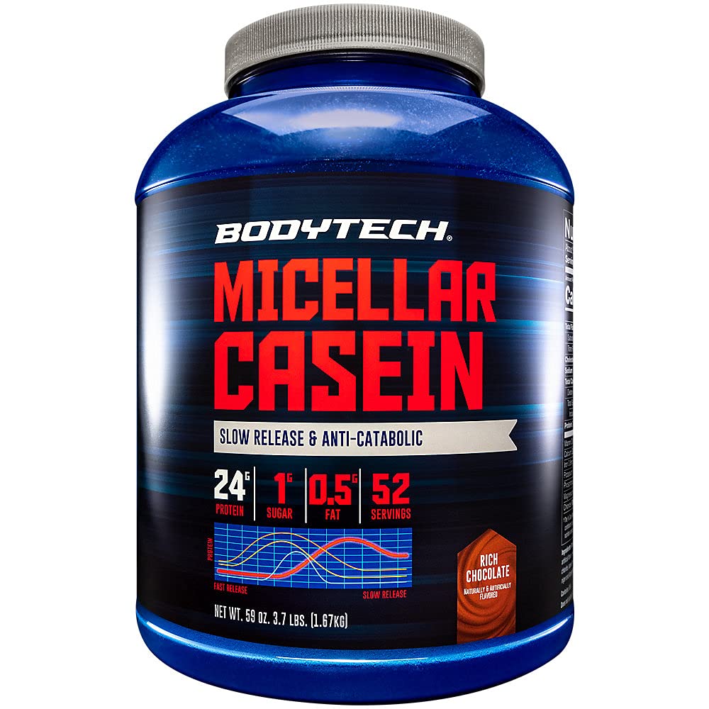 BODYTECH Micellar Casein Protein Powder, Slow Release for Overnight Muscle Recovery - 24 Grams of Protein per Serving - Rich Chocolate (4 libras)