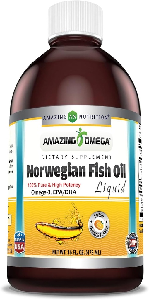 Increíble Omega Norwegian Fish Oil 16 Oz Suplemento TEN 1625mg Omega -3s, DHA, EPA per Serving TEN Fresh Orange Flavor TEN NO-GMO TEN Gluten Free