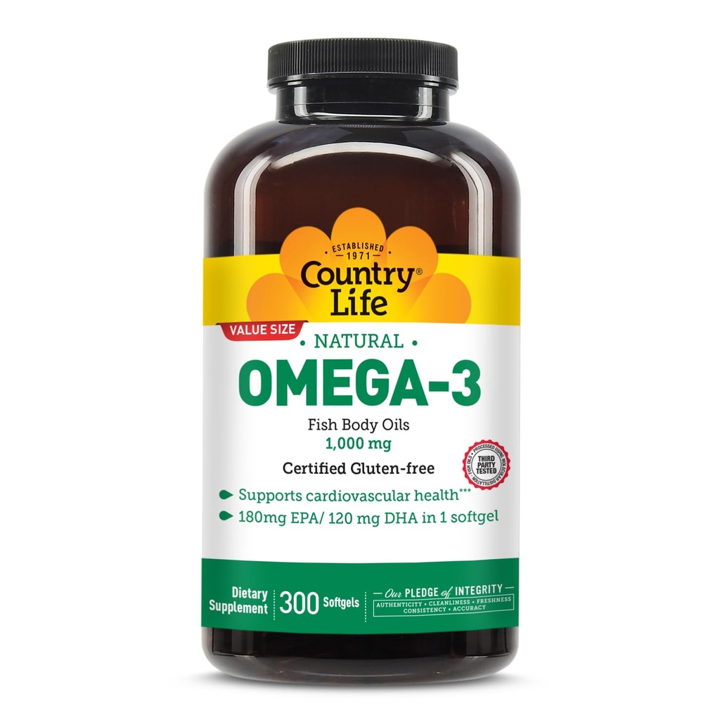 Country Life Omega-3 Fish Oil Suplemento, 1000mg, 180mg EPA &amp; 120mg DHA, Fish Oil Concentrate, Burpless, 300 Softgels, Certified Gluten Free