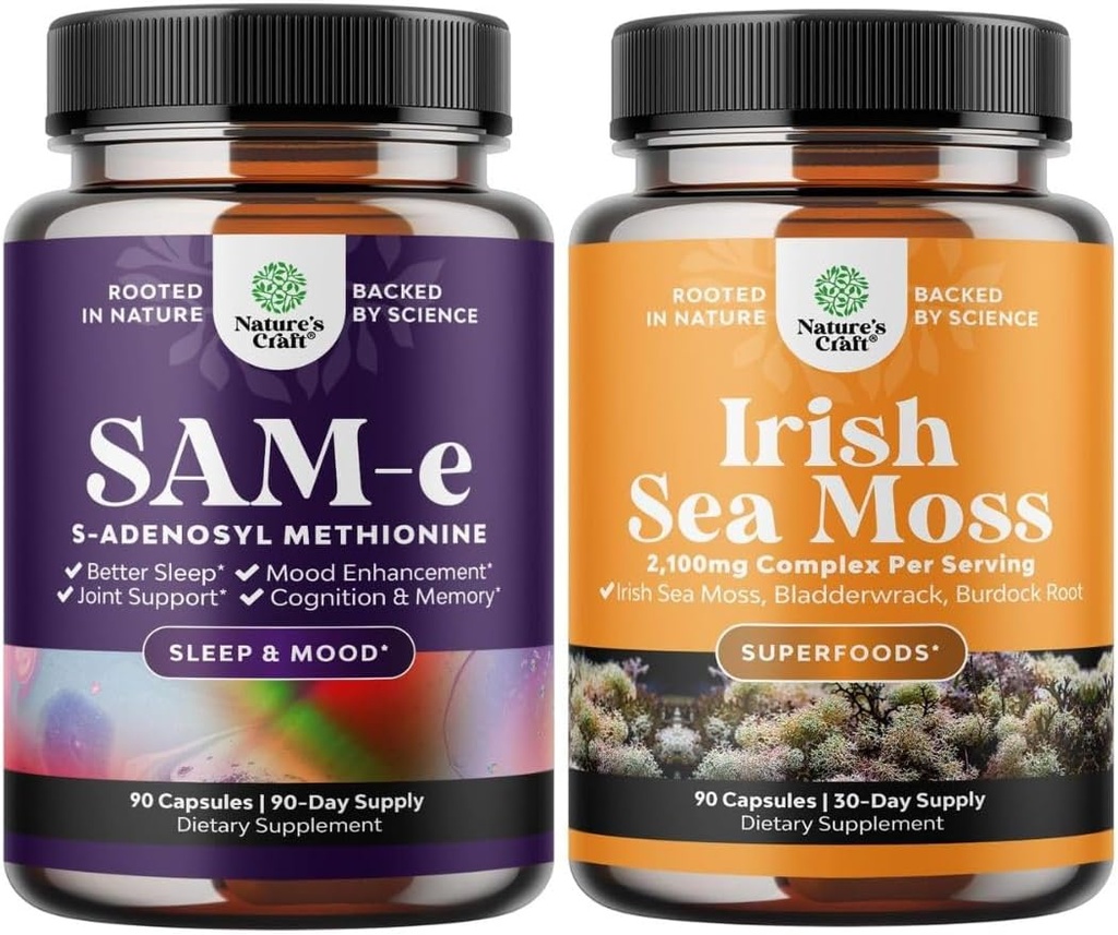Bundle of Pure SAM-E Nootropic Brain Supplement and Organic Irish Sea Moss Capsules - Apoyo Inmune y Mood Support Supplement - Sea Moss y Bladderwrack Capsules con Burdock Root Superfood Blend