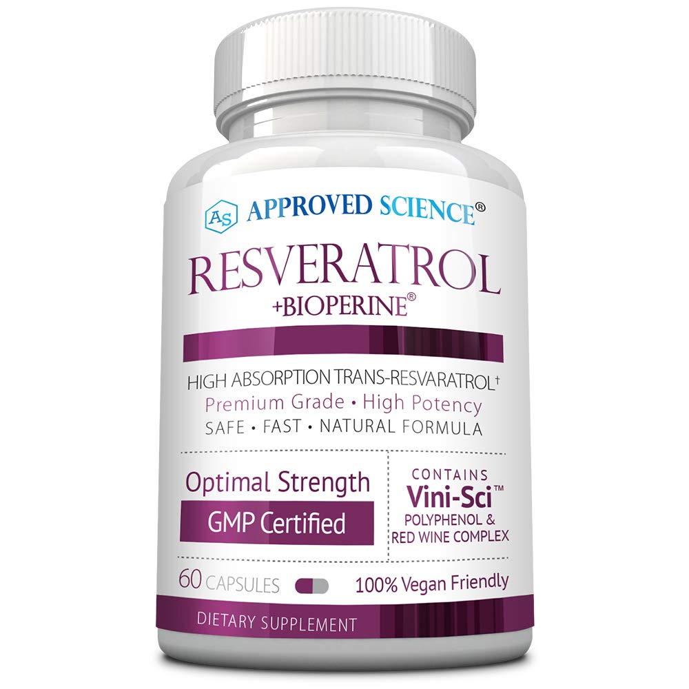 Resveratrol de Science® aprobado - 1000 mg de Trans Resveratrol - 250 mg de Polyphenol - 98% Nivel de pureza - Incluye Bioperine® - 60 cápsulas de amistad vegana - 1 botella