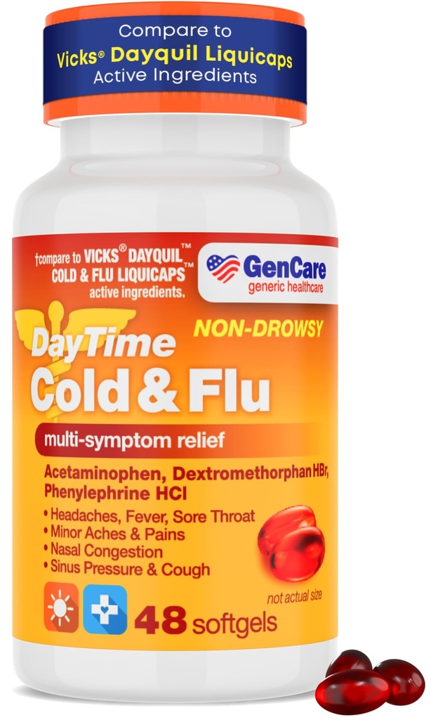 GenCare - Multi síntoma no somnoliento Daytime Cold & Flu Relief Acetaminophen 325mg, Dextromethorphan HBr 10mg, Phenylephrine HCl 5mg (48 Softgels) Non Habit Forming Pain Reliever &amp; Nasal Decongestant
