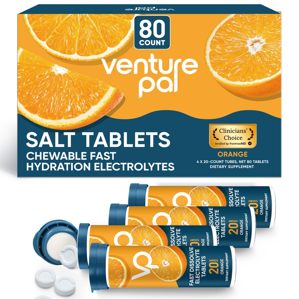 Venture Pal Chewable Electrolyte Tablets, 80 Cuenta Fast-Dissolve Sugar-Free Stick Salt Tablets - Variety Pack for Rapid Hydration, Outdoor Running, Hiking, Sports ← Keto & Vegan Friendly ← 4 Pack