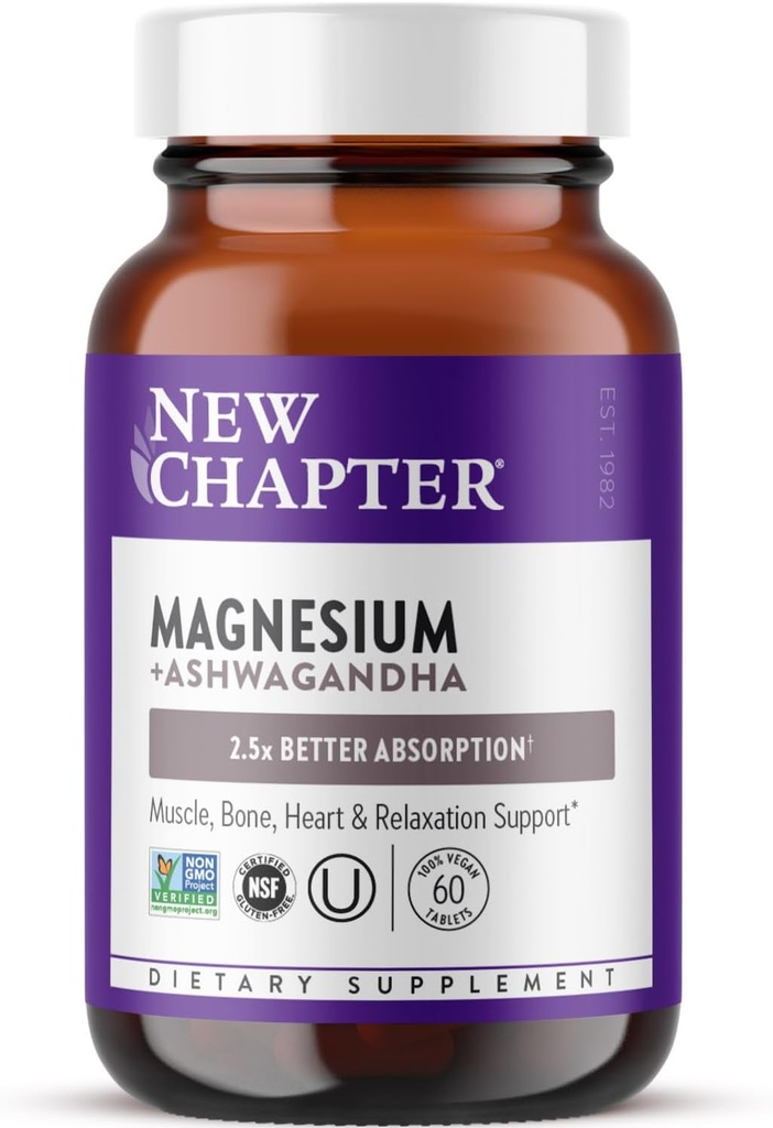 Nuevo Capítulo Magnesio + Ashwagandha Suplemento, 325 mg con Magnesium Glycinate, 2.5x Absorption, Muscle Recovery, Heart & Bone Health, Calm & Relax, Gluten Free, Non-GMO - 60 ct (2 Month Supply)