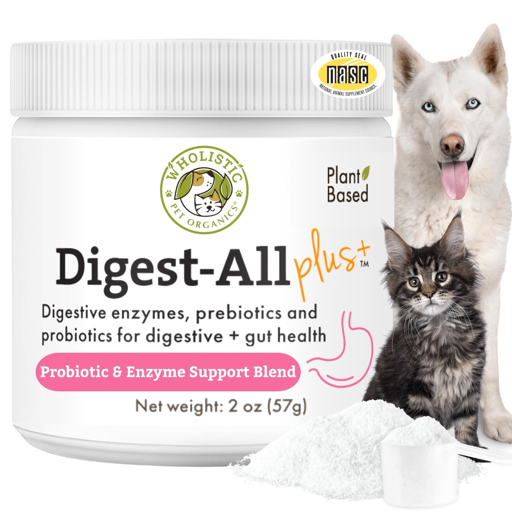 Orgánicas de mascotas Wholistic Probióticos para perros con enzimas digestivas & fibra prebiótica - 2 Oz - Probióticos de gato diario para la salud digestiva, antidiarrea " Gut Support - Suplemento de polvo natural