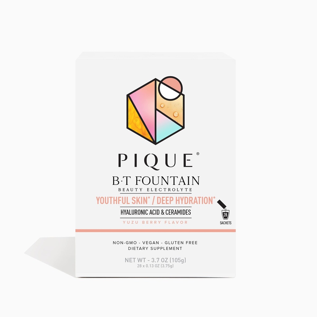 PIQUE BT Fountain Beauty Electrolyte Powder - Paquetes de Polvo Hidratante con ácido hialurónico, Ceramidas, Magnesio para Hidratado, Esquí Elástico - No Añadido Sugar - 28 Single Serve Sticks (Pack of 1)