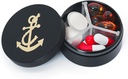 Caja pequeña de pill 3 Compartimientos, Caja de pill redondeada de metal, Organizador a prueba de agua, Pocket Purse Medicine Vitamin Holder EDC Container (Negro con ancla)