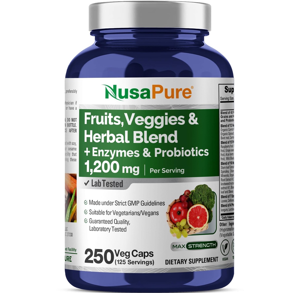 NusaPure 43 Frutas y verduras Herbal Blend, 11 Enzymes & Probióticos, 1200 mg, 250 cápsulas vegetales (No GMO, Vegan)