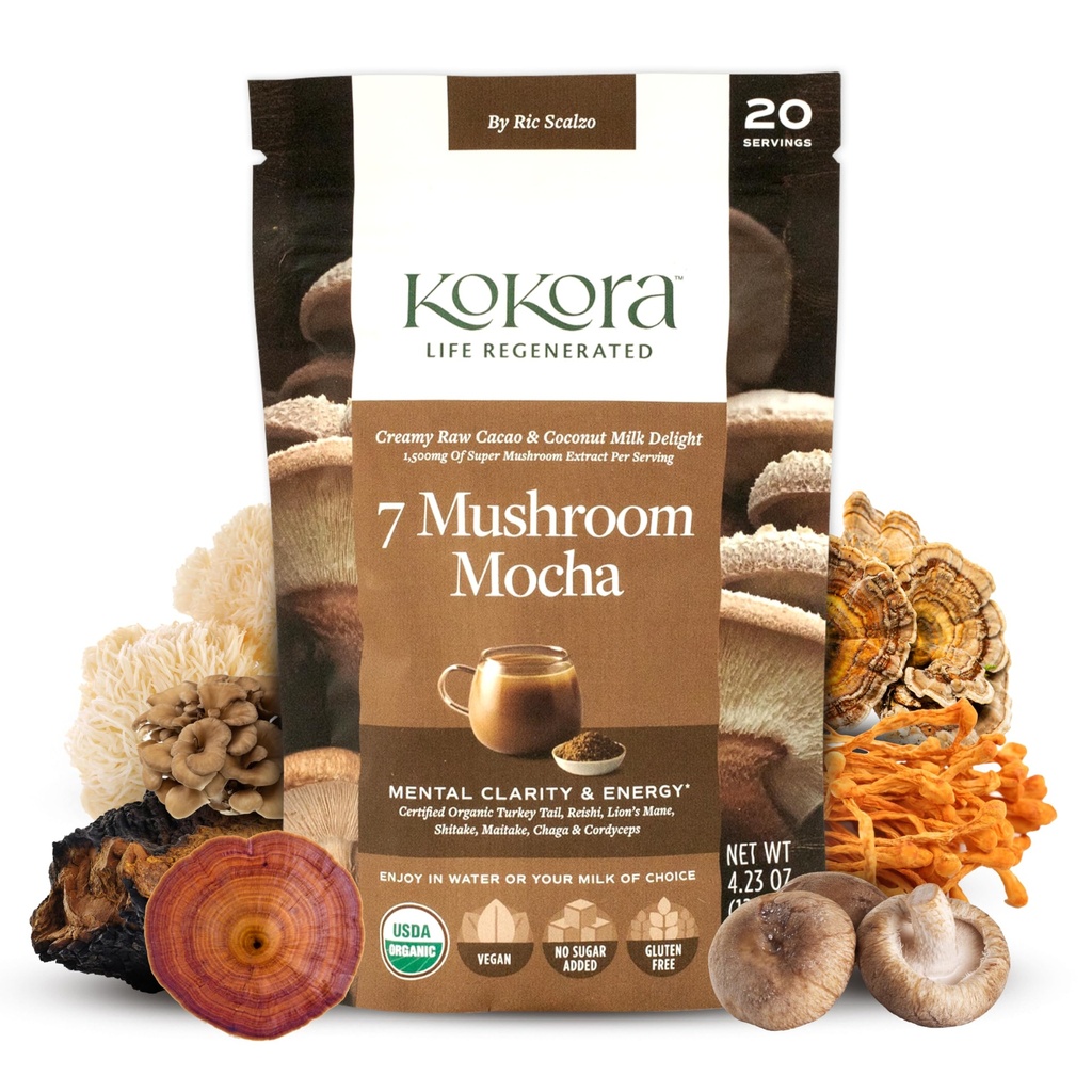 7 Mushroom Mocha - Pólvora de hongos orgánicos adaptógenos - Incluyendo la manguera de Turquía " Leones Mane - Energiza " Promueve la claridad mental* - Vegan, Gluten Gratis, No Añadido Sugar - 20 Serviciones - 120g