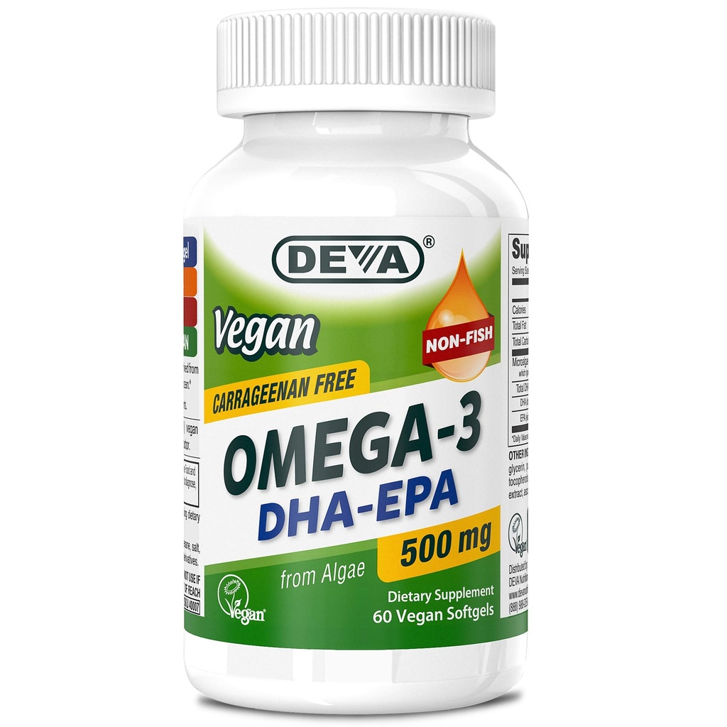 DEVA Vegan Omega-3 DHA-EPA 500MG – No Carrageenan, Aceite no Fish derivado de Algae, No GMO, 60 Softgels libres de gelatina
