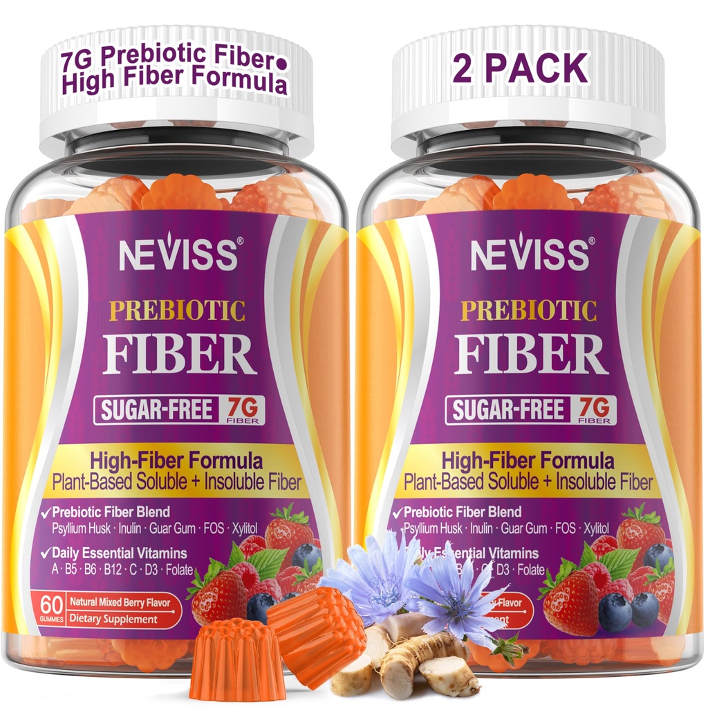 Gummies de fibra para adultos con husk de Psyllium, 7G(Soluble + Insoluble) Fibra prebiótica diaria con inulina, FOS, Guar Gum, Multivitaminas para la salud digestiva diaria, soporte de regularidad,Sugar Gratis,Pack de 2