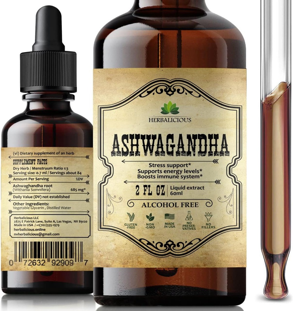 Ashwagandha Suplemento Natural Withania Somnifera Extract Liquid Drops - Natural Stress Relief, Mood Booster, Sleep Aid & Calming Support - Non-GMO Vegetarian Formula 2Fl oz