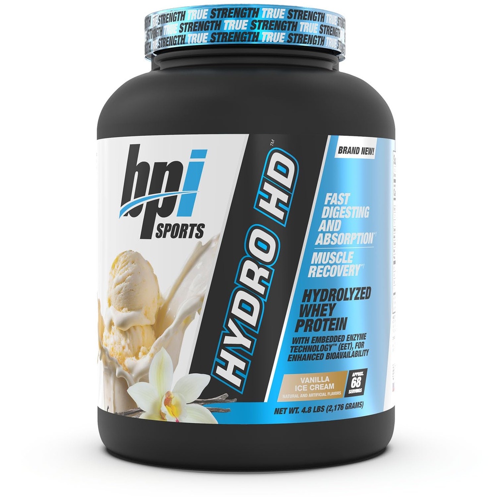BPI Sports Hydro HD - 100% Hidrolyzed Whey Protein Powder - Crecimiento muscular, recuperación, 25g de proteína hidrolizada, bajo carbohidrato, bajo azúcar, absorción rápida (68 piezas, crema de hielo de vainilla)