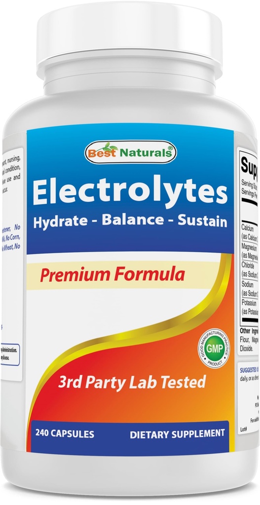 Los mejores electrolitos naturales Hydrate-Balance- Sustain Premium Fórmula 240 cápsulas. Gluten Free and Non-GMO.