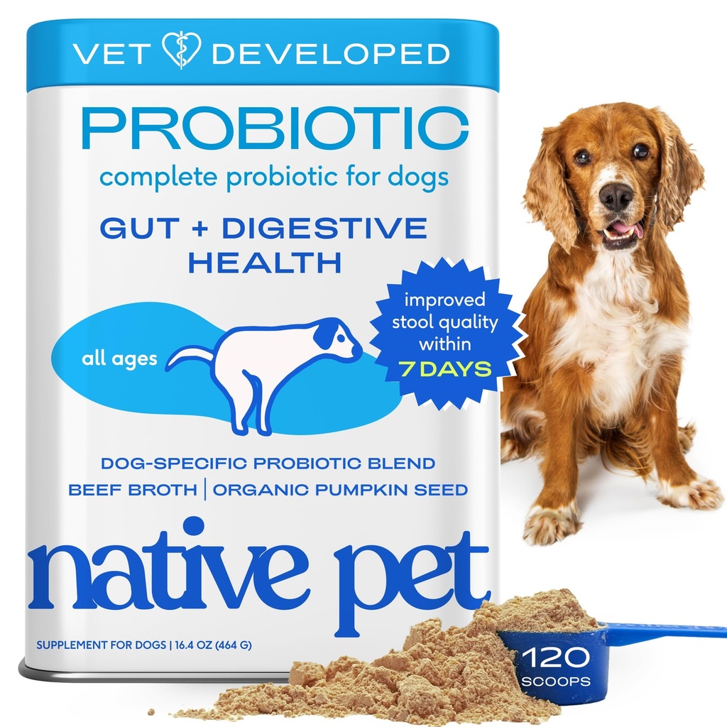 Probióticos nativos para perros - Probióticos para perros Polvo para la salud digestiva, Gut Support, &amp; Immune Boost – Polvo formulado para potencia máxima con enzimas digestivas " Prebióticos - 120 Scoops
