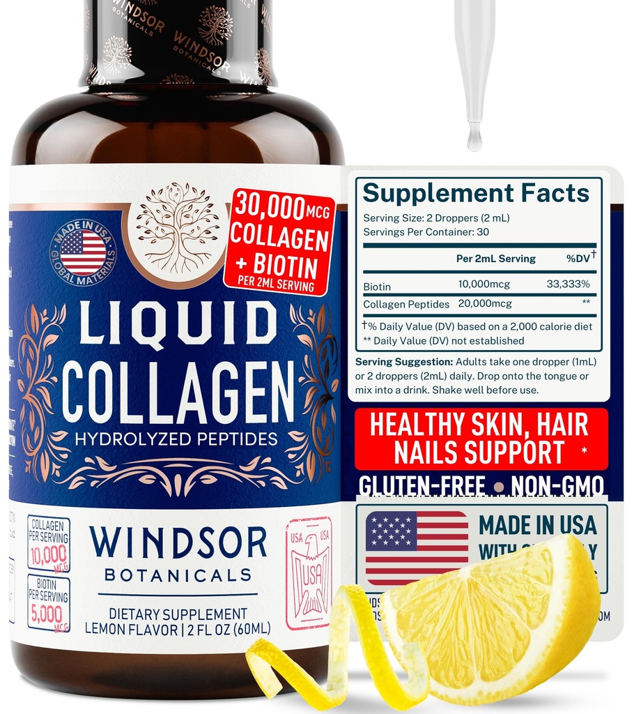 Colágeno líquido concentrado Suplemento - 30.000mcg Collagen líquido hidrolizado para mujeres más pelo de biotina, piel, soporte de uñas - gotas directas sublinguales o en bebidas - Bebida de limón natural 2 oz
