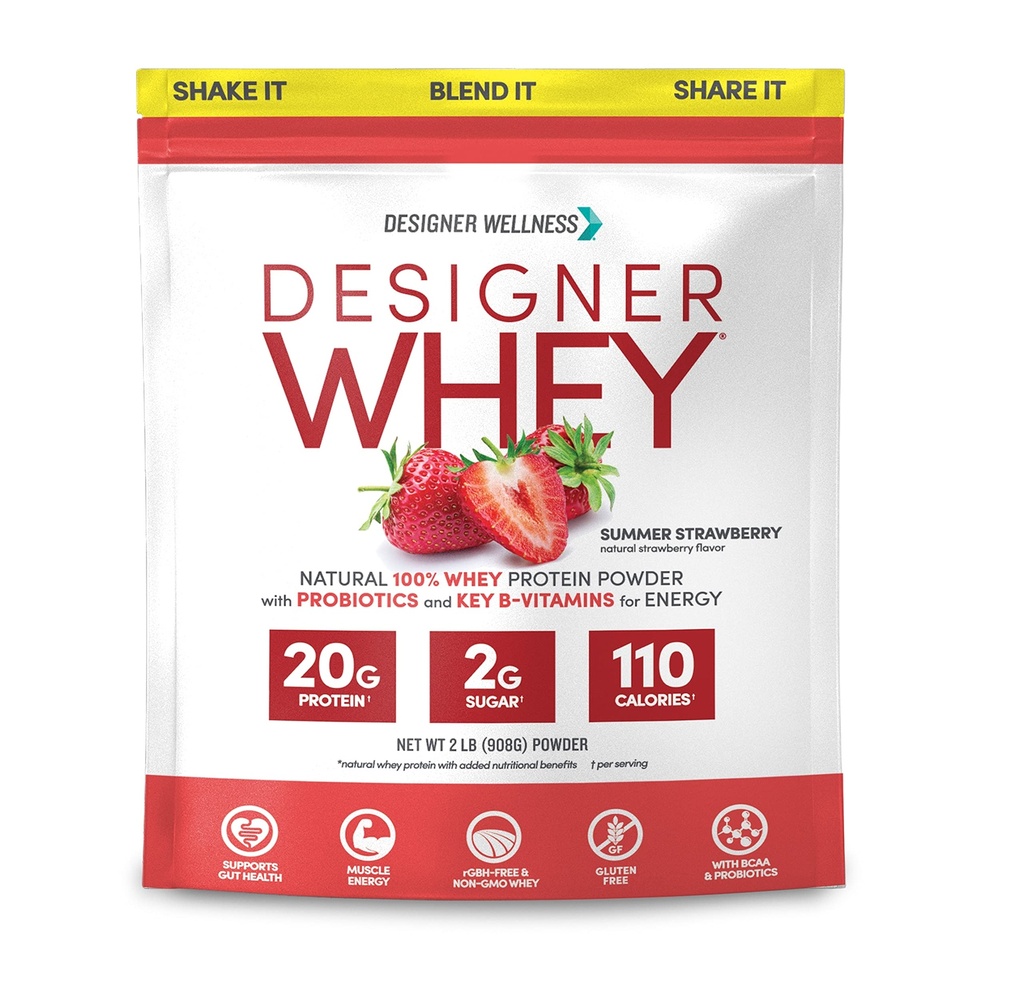 Designer Wellness, Designer Whey, Natural Whey Protein Powder con probióticos, fibra y clave B-Vitamins for Energy, Gluten-Free, Summer Strawberry, 2 lb