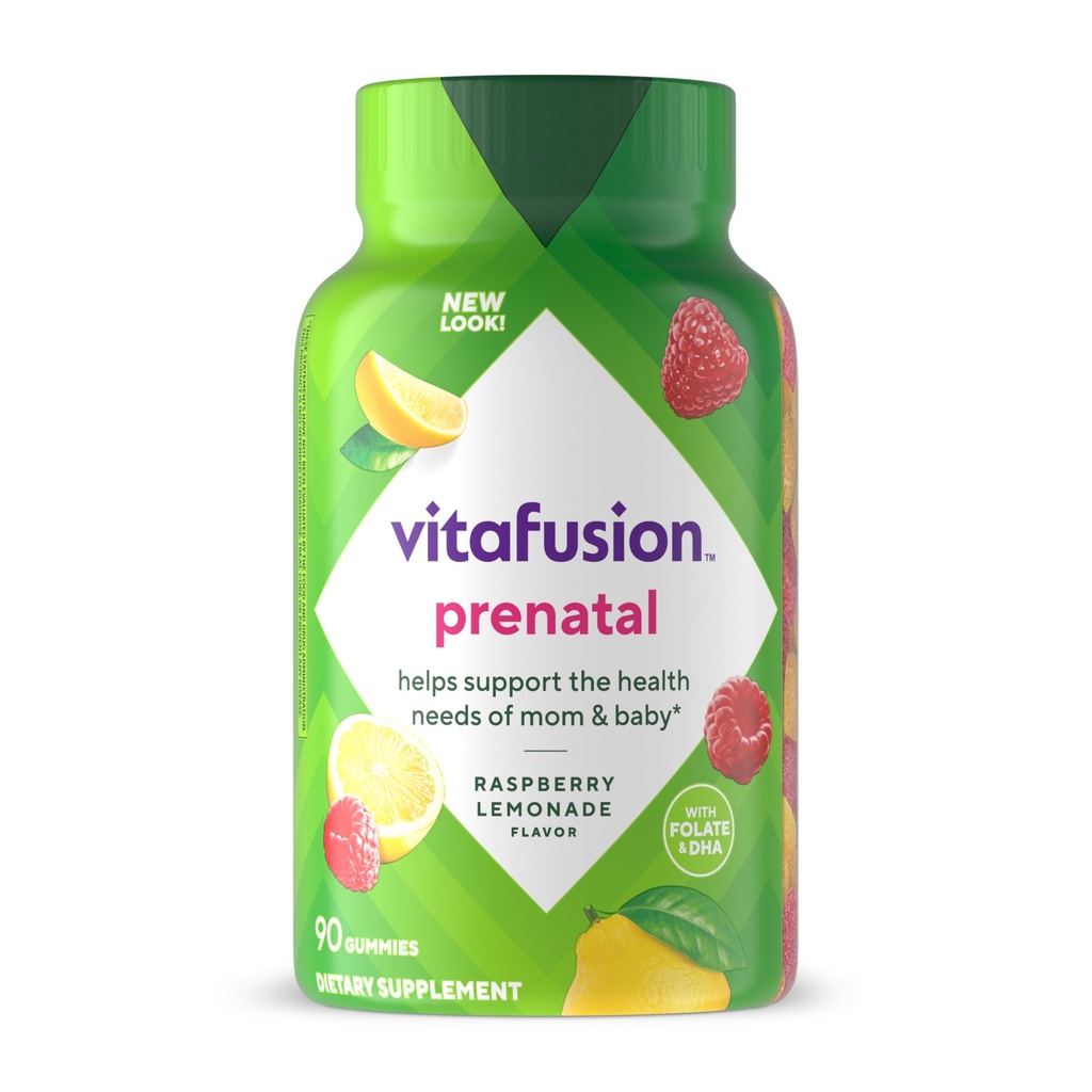 vitafusion PreNatal Gummy Vitaminas, Raspberry Lemonade Flavor, Suplemento de Vitamina Prenatal para Mujeres con Folate y DHA, 45 Day Supply, 90 Count