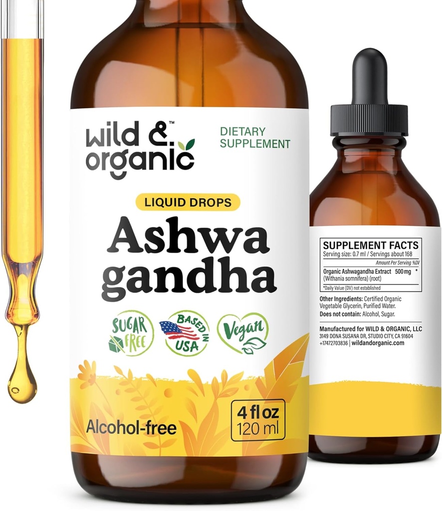 Wild & Organic Ashwagandha Suelciones - Suplemento de apoyo al memorando w/Ashwagandha Root Extract - Liquid Drops for Calm Mind - Suplementos de relajación - Sugar & Alcohol-Free - 4 fl oz