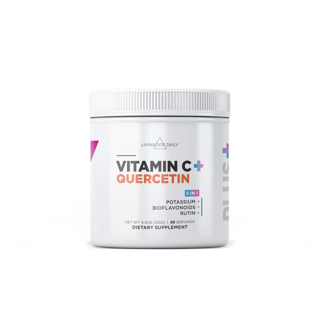 Livingood Daily High Dose Vitamin C Powder Suplemento, 2.600 MG Ascorbic Acid Powder apoya la salud de la inmunidad y la piel, vitamina C con quercetina, endulzada con Stevia, Vegan, 30 Actuaciones