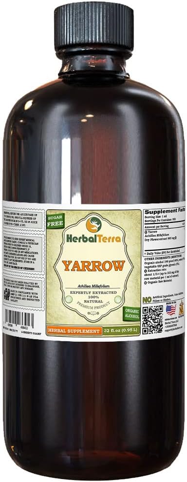 Yarrow (Achillea Millefolium) Tintura, Flores secas orgánicas Extracto líquido (Marca: HerbalTerra, Proudly Made in USA) 32 fl.oz (0.95 l)