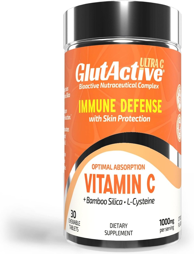 Ultra VIT-C 1000mg Tablas Chewable - Soporte inmune &amp; Collagen Builder - Acido ascórbico de alta absorción con cisteine &amp; Bamboo Silica - potente antioxidante - 30 Tabletas