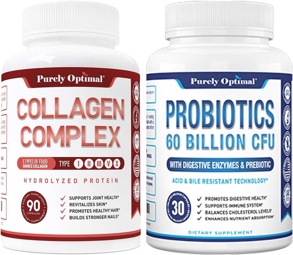 [BRSROAIPBYFAM3T6] Péptidos multi colágeno puramente óptimos (Tipos I, II, III, V, X) + Probióticos Premium 60 Billones CFU con Prebióticos Orgánicos y Enzimas Digestivos