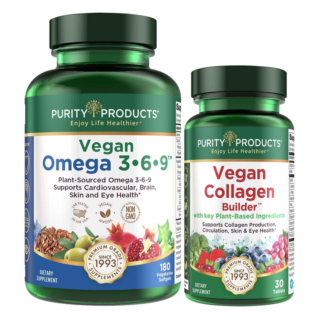 Purity Products Bundle - Vegan Omega 3-6-9 (180 ct)+ Vegan Collagen Builder Omega 3-6-9 (“5 en 1” ácido graso esencial de Omega de base vegetal) - Vegan Collagen Builder (w/Key Plant-Based Ingredients)