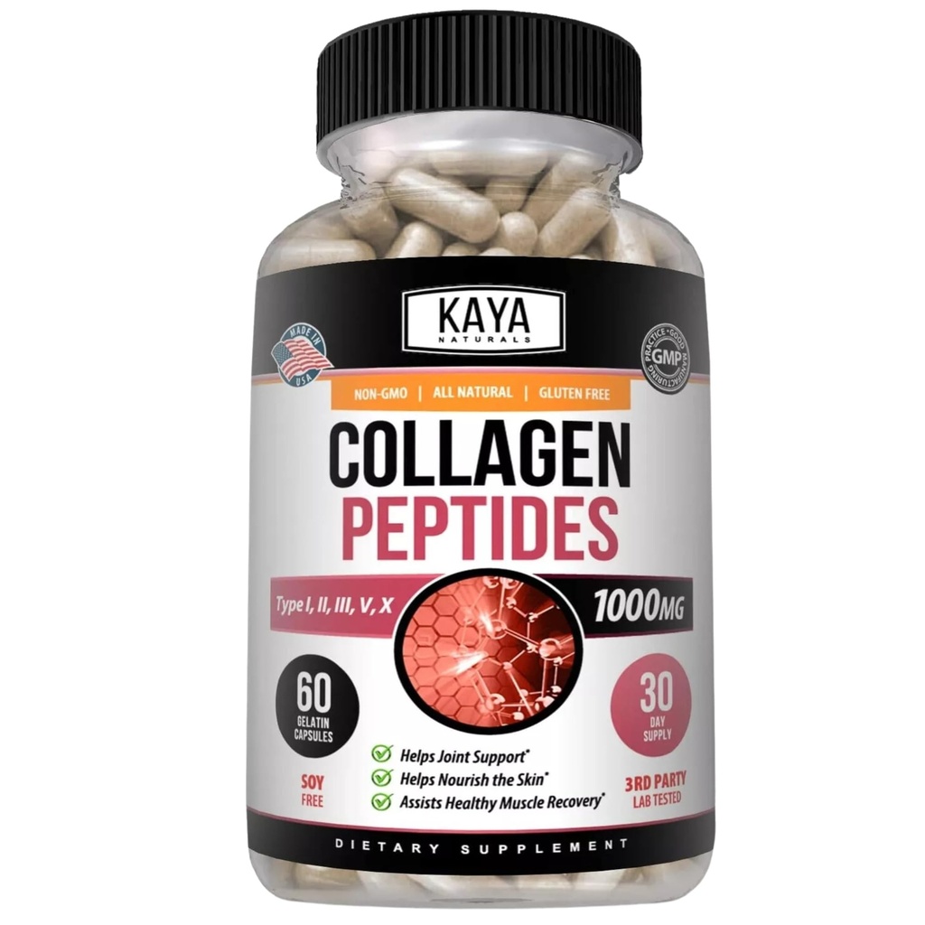 Kaya Naturals Péptidos Multi Collagen Powder Complejo para Mujeres y Hombres, Tipos I, II, III, V & X TENIDO 60 Conteo Capsules