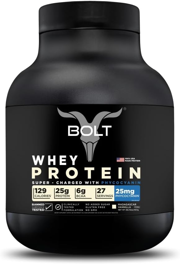 Bolt Whey Protein Powder  with Superfood Phycocyanin ¦ Muscle Building &amp; Recovery with Bone Health ← 25g Protein, 6g BCAA Por Serving ← 2LB/32oz, 27 Servings ← Madagascar Vanilla