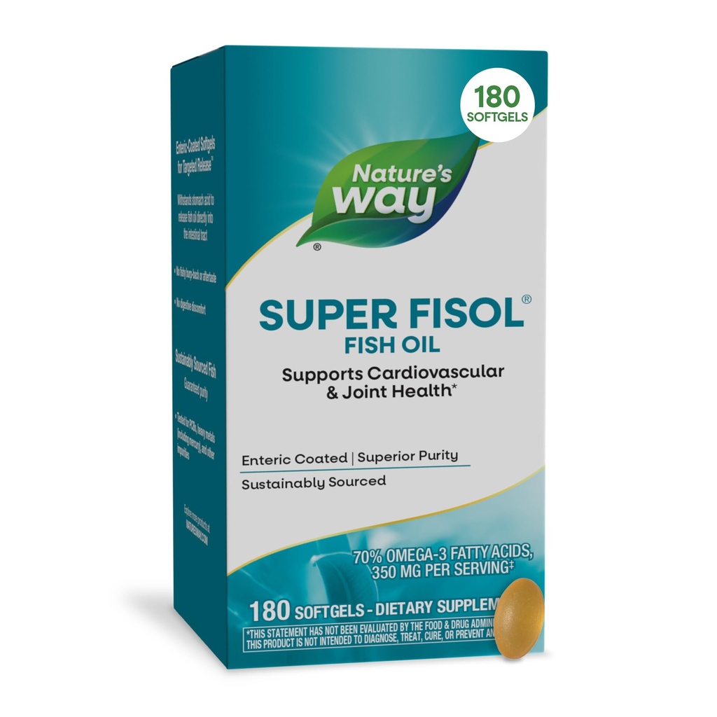 Manera Super Fisol Fish Oil, Enteric Coated, soporta la salud cardiovascular y conjunta*, Mega Potency Omega-3, 180 Softgels (Packaging May Vary)