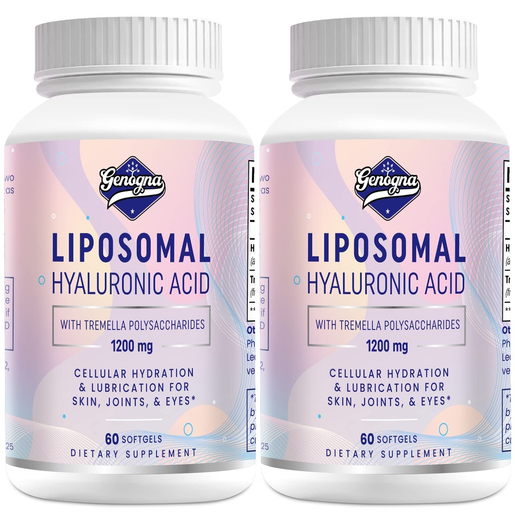 Suplementos de ácido hialurónico Liposomal 1000mg-High Bioavailable cápsulas de ácido hialurónico con 200 mg de Tremella Polysaccharides para la hidratación de la piel de doble estiramiento, Lubricación conjunta,2 Pack