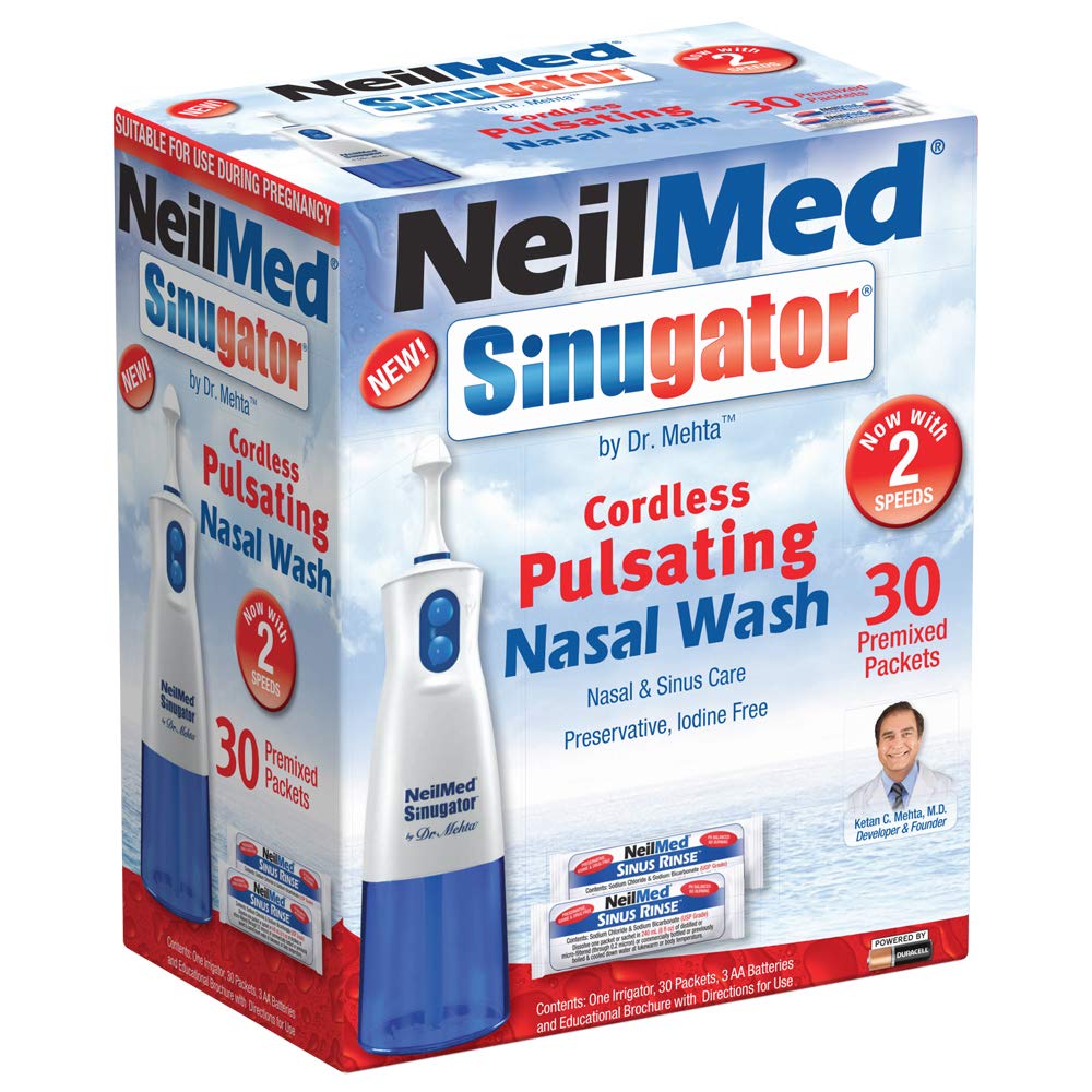 NeilMed Sinugator Kit de lavado de Nasal sin cable con un riego, 30 paquetes premezclados y 3 baterías AA (Pack de 1)