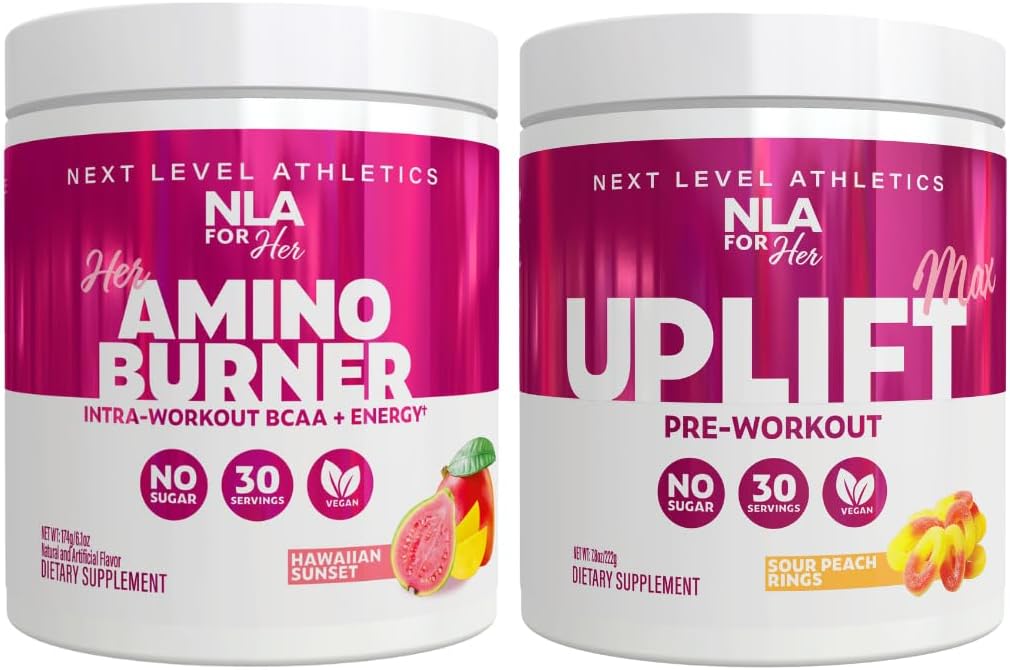 NLA for her Pre/Intra Workout Stack (Includes Her Thermogenic Amino Hawaiian Sunset and Uplift Max Pre Workout Sour Peach Rings)