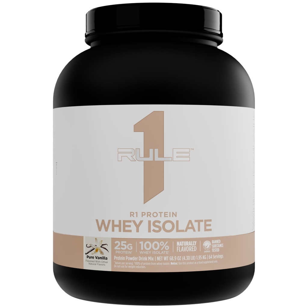 Regla 1 Naturalmente Flavored R1 Protein Whey Isolate - Fórmula limpia con 25g Protein &amp; 6g BCAA Fuentes exclusivamente aisladas " hidrolizadas para la recuperación de ejercicios (4.3 libras*, Vainilla pura)