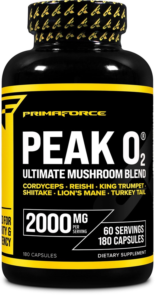 Primaforce Peak O2 Performance Mushroom Powered Oxygen Absorption Booster (180 cápsulas) (2.000 mg Por Serving, 60 Serviciones) - Suplemento de rendimiento deportivo, Ultimate Mushroom Blend