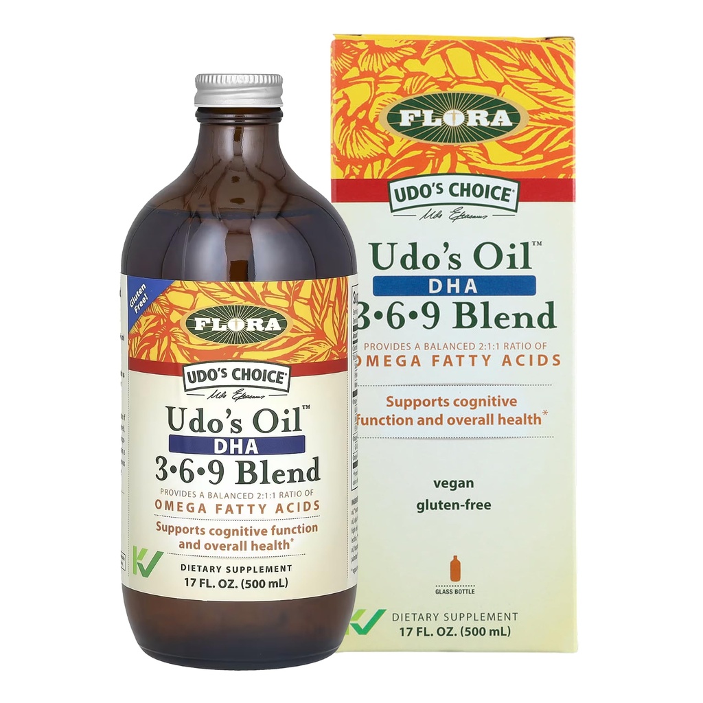 Flora - Óleo de Udo DHA 3-6-9 Blend - Vegetariano Ojo &amp; Cerebro Salud Suplemento - Omega-3 &amp; Omega-6 - Contiene girasol &amp; aceite de semilla de Flax - Kosher &amp; Orgánico - Mantén Chilled - 17 fl. oz.