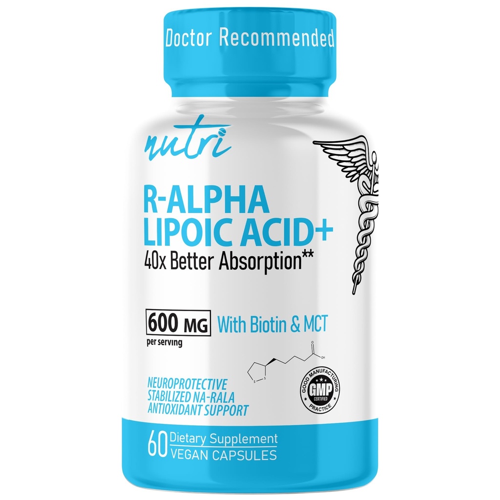 Nutri R Alpha Lipoic Acid 600mg Capsules - R Lipoic Acid Estabilizado con Biotina - Forma activa de R-ALA - 600 mg Dosis clínica - Powerful Cellular Energy Support - 60 cápsulas Vegan - RALA