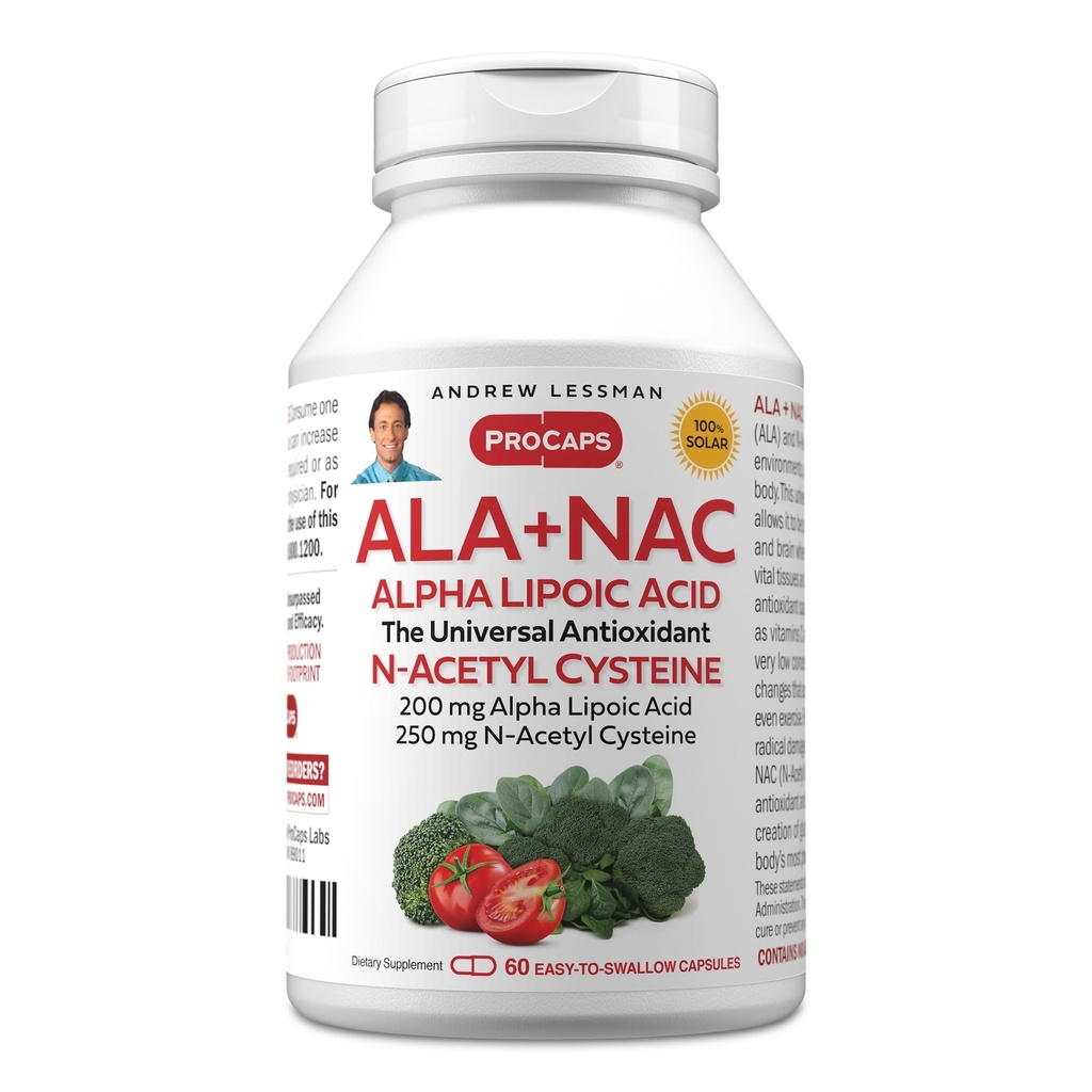 ANDREW LESSMAN ALA + NAC Alpha Lipoic Acid with N-Acetyl-Cysteine 60 Capsules - Ultra-High Potency, Anti-Oxidant Support for Nervous System, Heart, Brain, Liver, Kidneys, Lungs, Energy. No hay aditivos