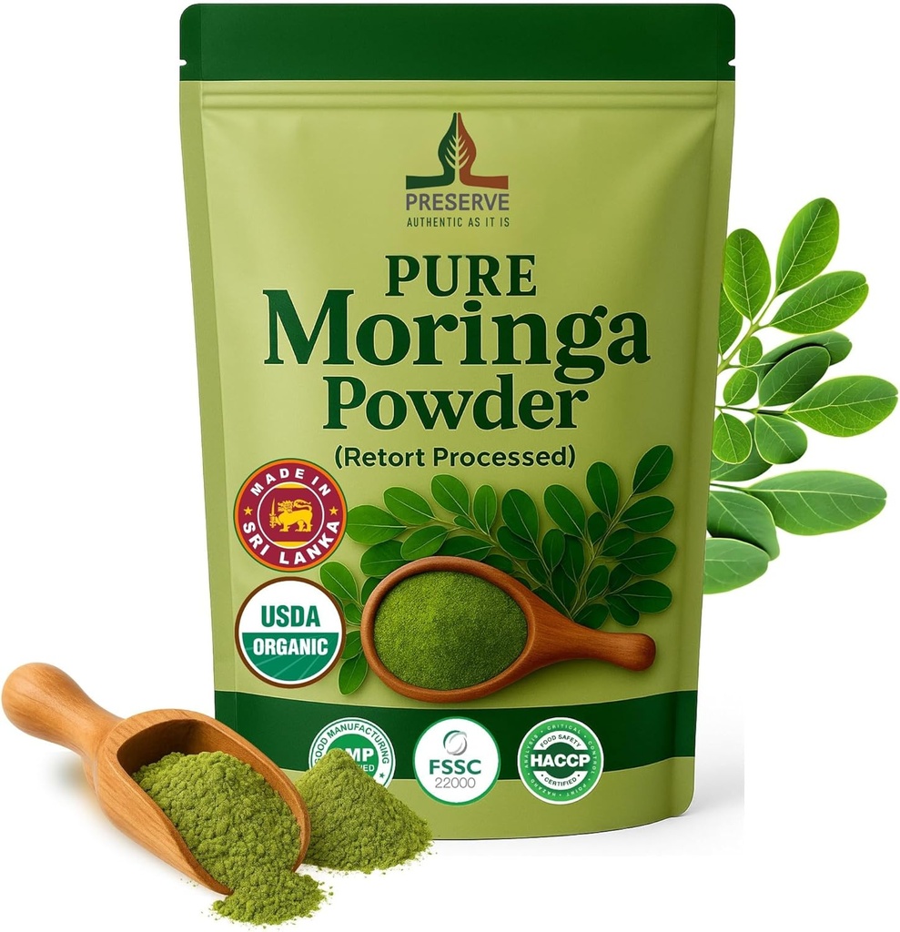 Pura Moringa Powder Retort Procesado Oleifera Moringa Leaf Powder Silencio Gluten-Free and Vegan ← Perfect for Smothies, Drinks, Tea & Receips. Puro Super Green Food, 113g.