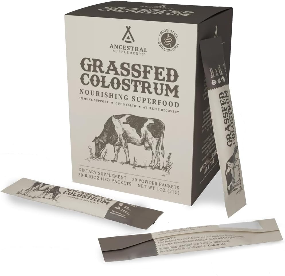 Suplementos ancestrales Grass Fed Beef Bovine Colostrum Powder Packets, Immune Support Suplemento, Gut, Skin & Hair Health Support Suplementos, promueve el crecimiento y la reparación, no GMO, 30 Sticks, Desflavored