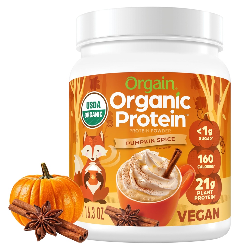Orgain Orgain Pólvora Proteína orgánica, Pumpkin Spice sabor estacional - 21g de Proteína vegetal, 5g Fibra Prebiótica, No Ingredientes Lactosa, No Sugar Añadido, No OGM, Para Shakes &amp; Smoothies, 1.02 lb