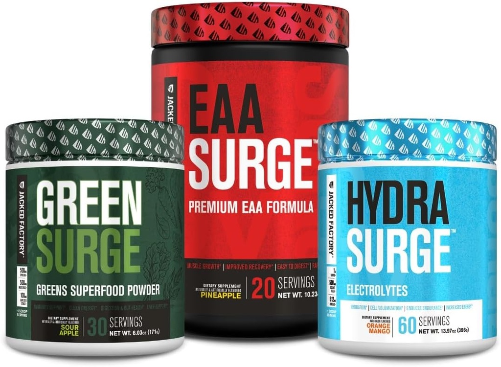 Jacked Factory Green Surge Green Superfood Powder, Hydrasurge Electrolyte Hydration Suplemento, EAA Surge EAA Suplemento