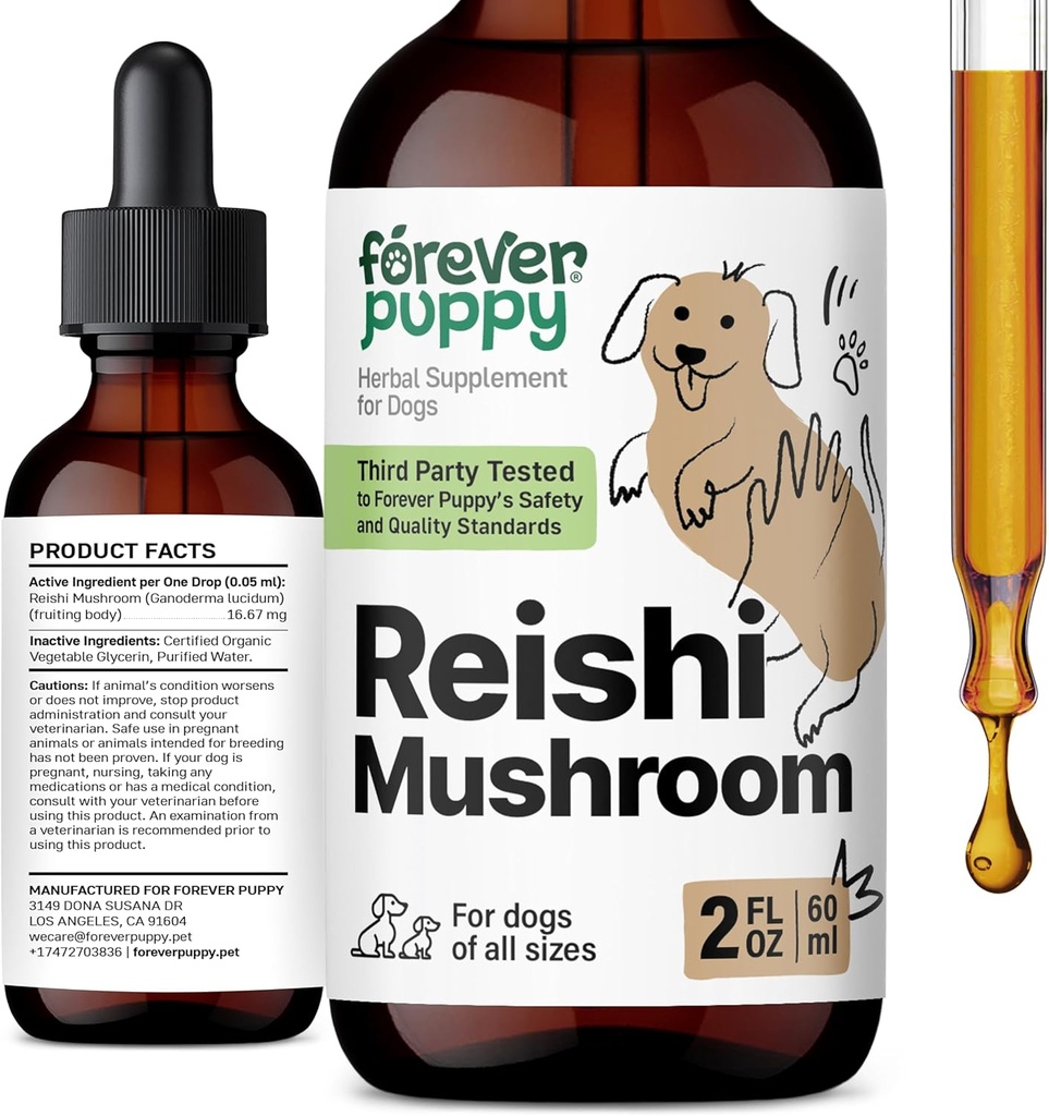 Reishi Mushroom Drops for Dogs - Immune Support Supplement - Red Reishi Mushroom Liquid Drops - Dog Food Supplements and Vitamins - All Breeds & Size - Sugar & Alcohol-Free - 2 oz