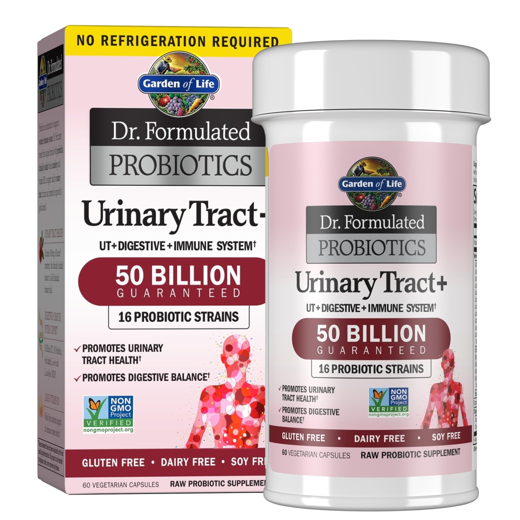 Jardín de la vida Dr. Probióticos Formulados Urinary Tract+ - Acidophilus Probiotic Supports Urinary Tract Health, Digestive Balance – Shelf Stable - Gluten, Dairy, and Soy-Free - 60 cápsulas vegetarianas
