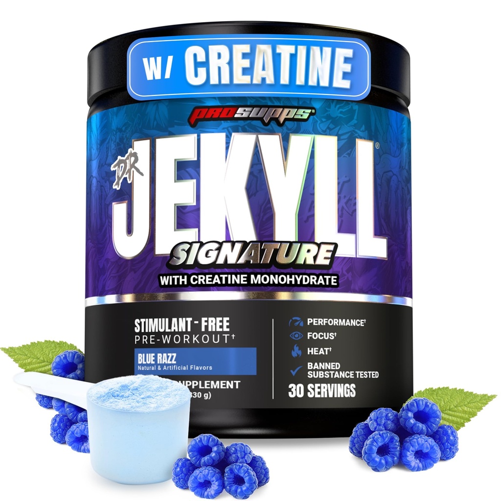 PROSUPPS Dr. Jekyll Signature Pre Workout Powder with Creatine - Stim-Free Preworkout Supports Focus &amp; Endurance - Suplementos de gimnasia sin cafeína (Blueberry Lemonade, 30 Servings)