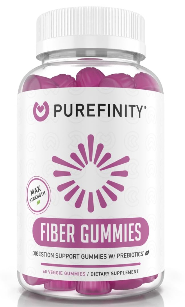 PUREFINITY Fiber Gummies for Adults with Inulin FOS from Chicory Root, Sugar Free Prebiotic Supplement for Daily Digestion & Constipation Support – Non-GMO, Vegan, 60 Count
