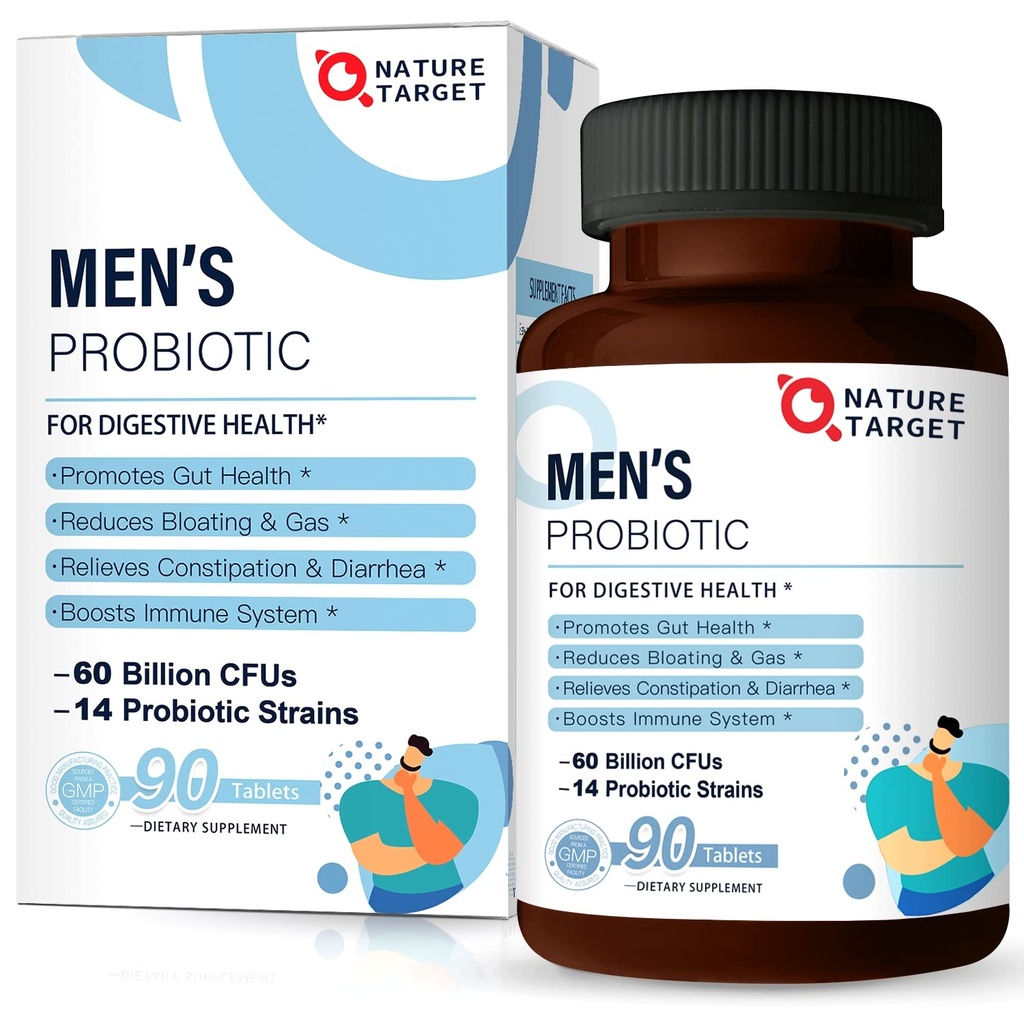 NATURE TARGET Probiotics for Men with Men Care Supplement, Prebiotics " Probiotic for Men's Digestive and Immune Health,60 Billion CFUs " 14 Strains Shelf Stable, Gluten &amp; Soy Free (90 Tablets)