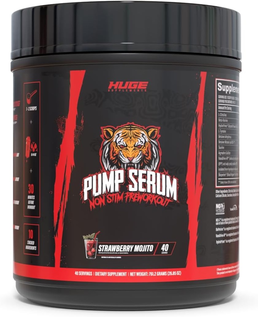 Suplementos enormes Pump Serum, Stim Free Pre Workout y Nitric Oxide Booster to Enhance Focus, Pumps, Fulness with No Caffeine, L-Citrulline, GlycerPump, L-Tyrosine, Nitrosigine (Strawberry Mojito)